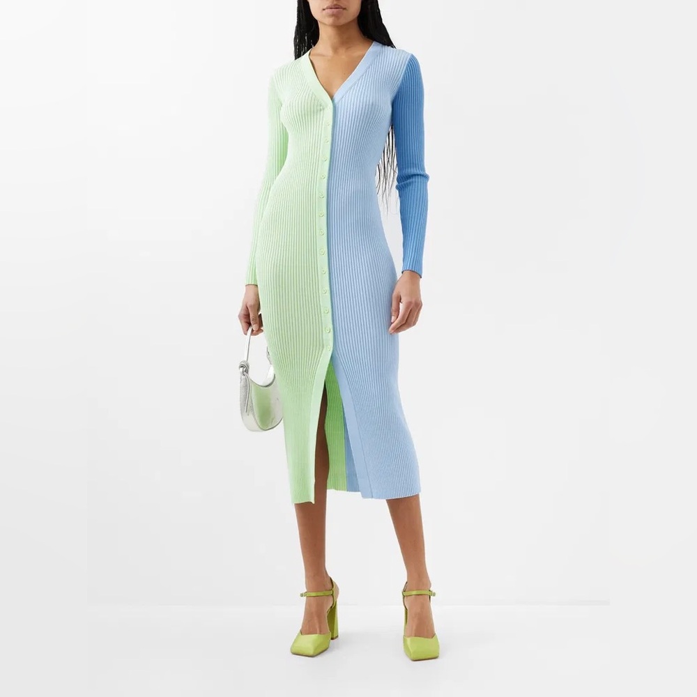Staud shoko two-tone ribbed-knit bodycon dress. green / blue.